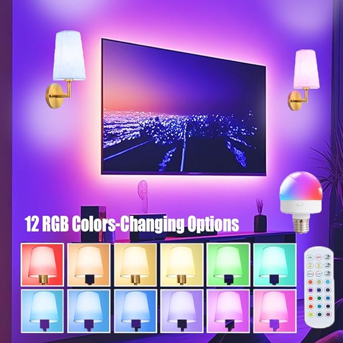 JKEYES Battery Operated Wall Sconces Set of Two, Gold Cordless Wall Sconce with 10000mAh RGB Dimmable Detachable Rechargeable Bulbs, 12 Colors Sconces Wall Decor for Bedroom Living Room Hallway