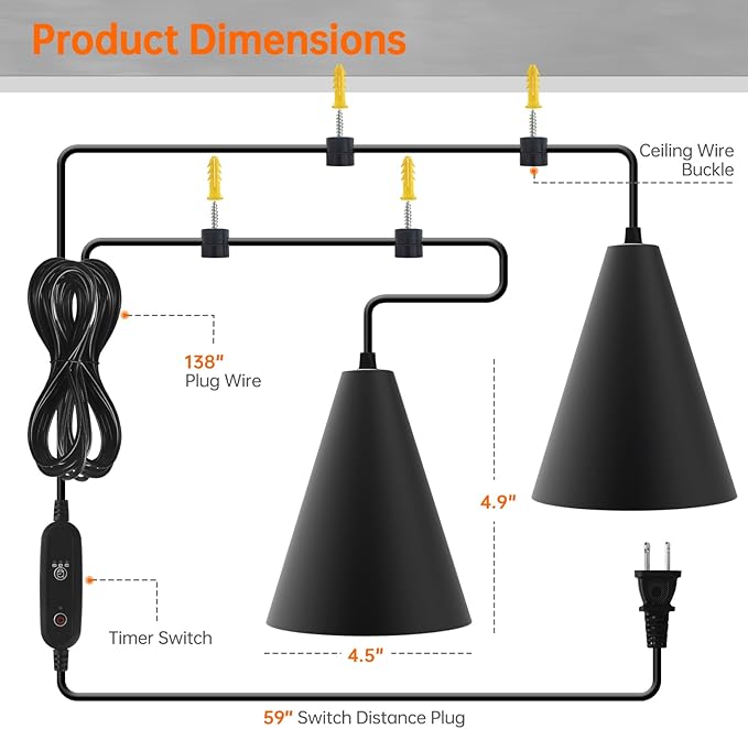 Bstrip 50W Double-Head One Cord Grow Lights for Indoor Plants full Spectrum 3000K, Black LED Grow Light Bulb with Timer & 16.4FT Power Cord, Perfect for Tall Plants, Flowers, and Greenhouses in Winter