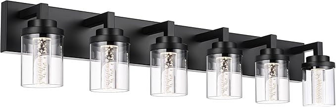 MELUCEE 6-Light Dimmable LED Bathroom Light Fixtures in Black Finish, Modern Bubble Crystal Vanity Lights for Bathroom 5CCT LED Wall Light Fixture with Clear Glass Shade, Built-in Led Chips