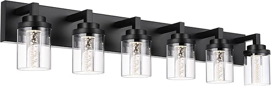 MELUCEE 6-Light Dimmable LED Bathroom Light Fixtures in Black Finish, Modern Bubble Crystal Vanity Lights for Bathroom 5CCT LED Wall Light Fixture with Clear Glass Shade, Built-in Led Chips