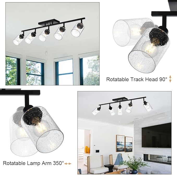5-Light Track Lighting Fixtures, Black Flush Mount Ceiling Light Bathroom Wall Sconce Spotlight, Seeded Glass Shade