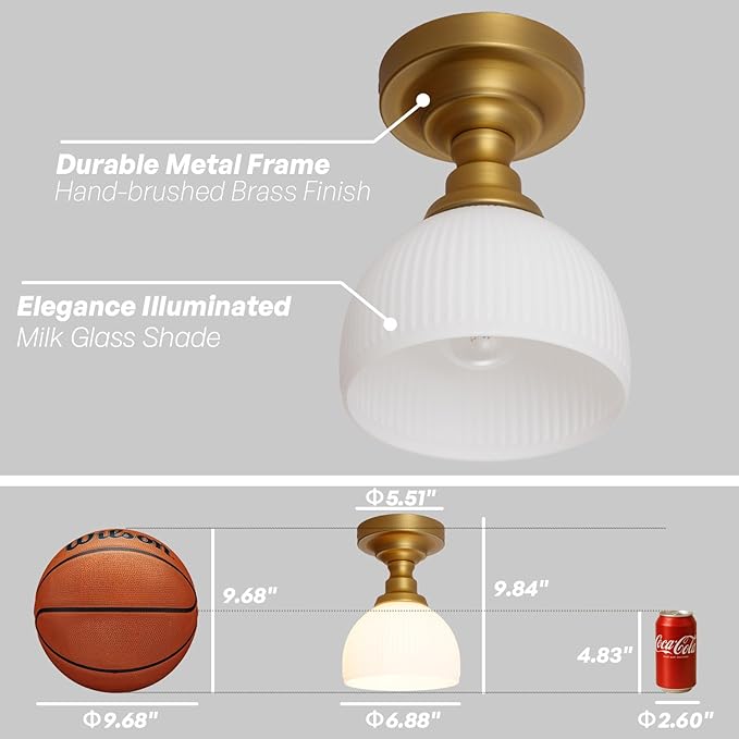 Modern Schoolhouse Semi Flush Mount Ceiling Light,Gold Brass Hand-Blown Glass Close to Ceiling Light Fixtures for Hallway Laundry Entryway Kitchen Bathroom Bedroom E26 Base