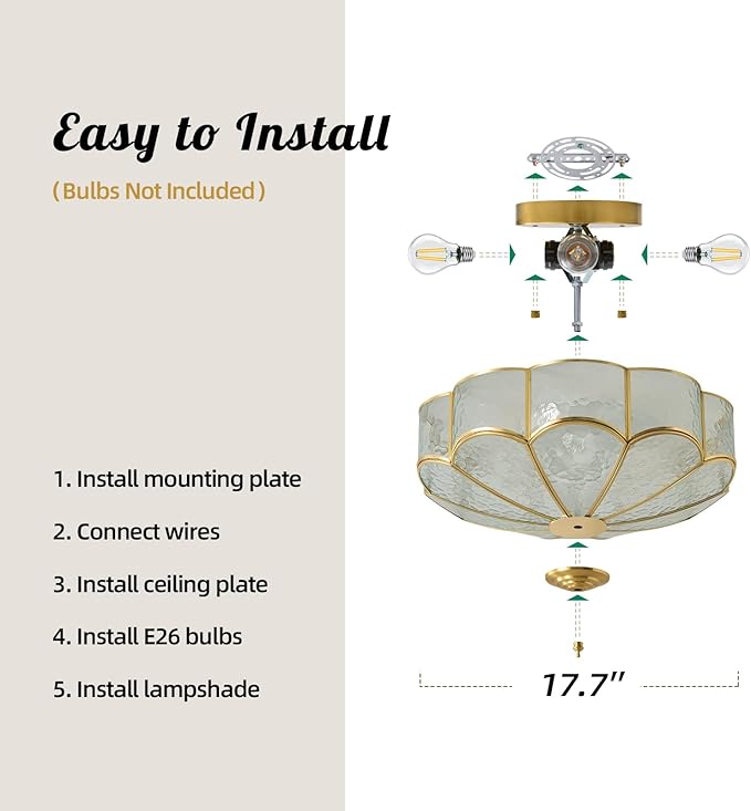Brass Vintage Gold Ceiling Light - Large 17.7 Inch Hammered Glass Mid Century Flush Mount Lighting Fixtures - Art Deco Antique Modern Lamps for Hallway Bedroom Kitchen Entryway Laundry Foyer Bathroom