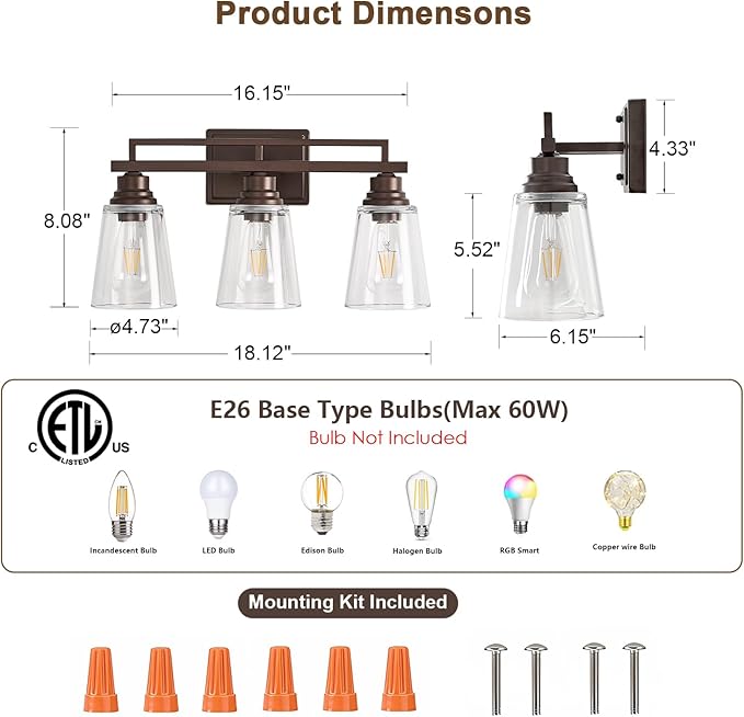 Refice Bathroom Vanity Lights, Bathroom Light Fixtures Over Mirror, Oil Rubbed Bronze 3-Light Wall Lamps Vintage with Clear Glass Shades for Mirror, Living Room, Farmhouse, Hallway