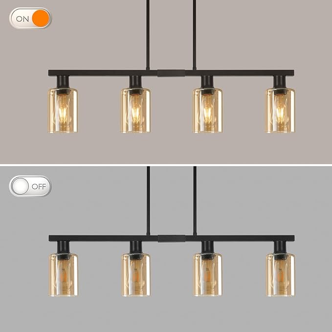 4-Light Kitchen Island Lighting, Black Dining Room Light Fixture with Adjustable Rods & Amber Glass Shades, Farmhouse Decor Black Metal Chandelier with Seeded Glass Shade, Island Lights for Kitchen