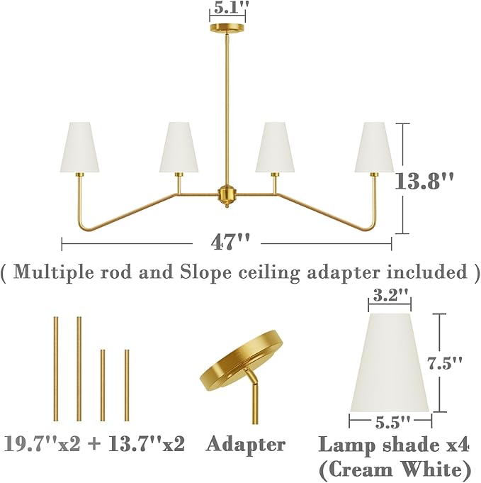 Electro bp;47" W 4-Light Linear Kitchen Island Lighting Fixture Classic Chandeliers Polished Gold with White Linen Shades for Dining Table,E12,160W