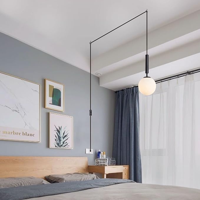 KCO Lighting Modern White Glass Globe Pendant Light Nordic Plug-in Hanging Light Fixture with Adjustable Wire Postmodern Geometric Ball Chandelier for Kitchen Island Dining Room (Black)
