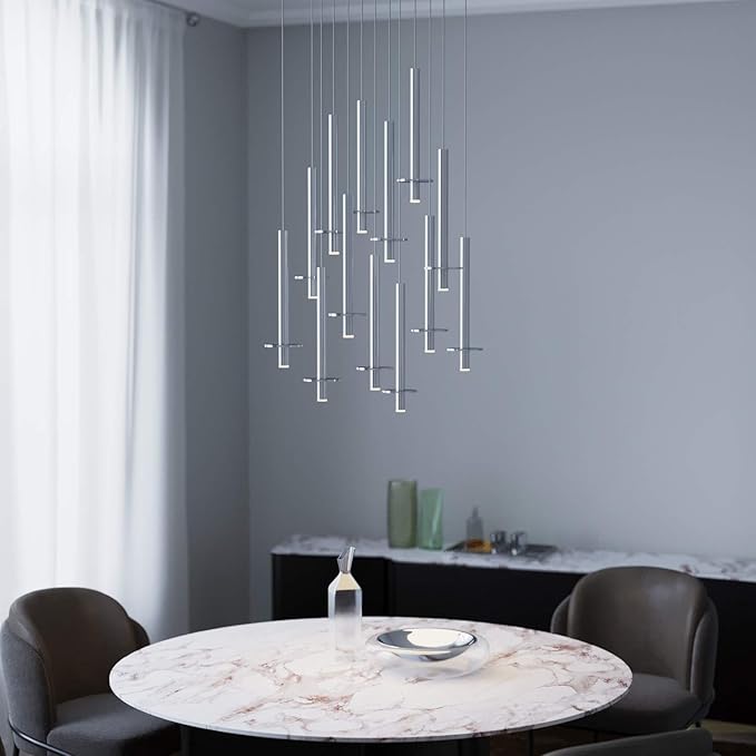 Draco 13 Pendant Lighting Nickel – LED Hanging Light Fixture for Kitchen Island, Bar, Foyer – Equilateral Cluster of Mini Metal Rod Pipe Tube Cylinders – Dimmable, Adjustable Wire, Lamp Bulb Included