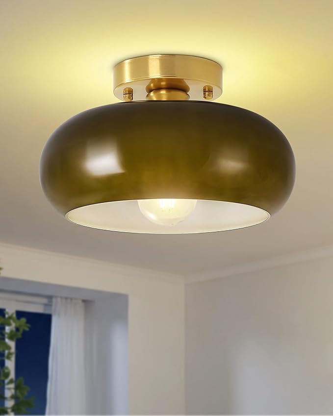 Yunnix Semi Flush Mount Ceiling Light, Gold Light Fixture, Mid-Century Modern Farmhouse Green Glass Small Light Fixtures for Hallway, Bathroom, Kitchen, Bedroom, Living Room, Closet, Laundry(11 Inch)