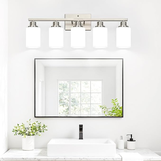 MOKATNG 5-Light Vanity Light with Milky White Shades, Brushed Nickle Bathroom Lighting Fixtures Over Mirror, Modern Bathroom Wall Lamp for Mirror Living Room Cabinet Bedroom