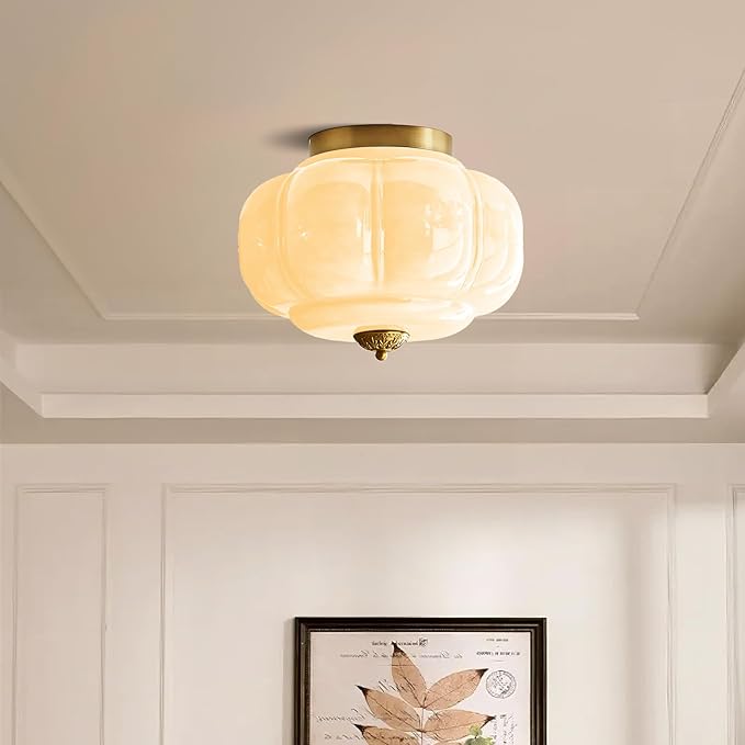 Milk Glass Ceiling Light Fixture - Farmhouse Antique Brass Semi Flush Mount Ceiling Light for Kitchen, Hallway, and Bedroom (Green 15 inch)