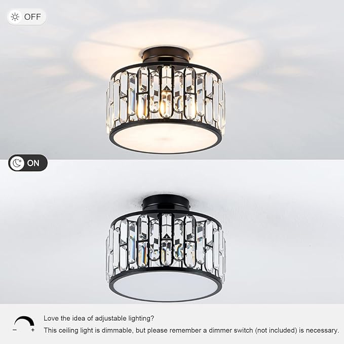 Black Crystal Ceiling Light Fixture - Modern Semi Flush Mount Chandelier with K9 Crystals for Bathroom Bedroom Entryway Hallway Closet 1 Light 11.6" Diameter