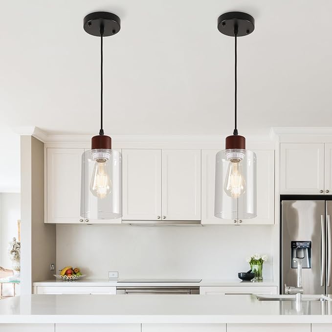 Modern Wood Pendant Lighting for Kitchen Island, Farmhouse Pendant Light Fixtures 1 Pack, Adjustable Hanging Ceiling Light with Clear Glass Shade