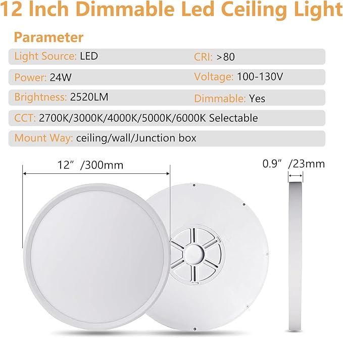 Dimmable 12Inch LED Flush Mount Ceiling Light, 24W, 2520LM, 2700K/3000K/4000K/5000K/6000K CCT Selectable,LED Round Flat Panel Light Dimmable from 5% to 100% for Bedroom,Kitchen,Hallway, White 6PK