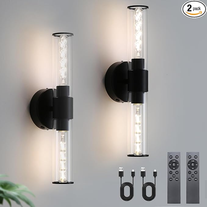 Black Battery Operated Wall Sconces Set of Two Modern Rechargeable Wall Sconces with Remote Control LED Dimmable Wall Lights for Living Room Bedroom Hallway (2 Pack)