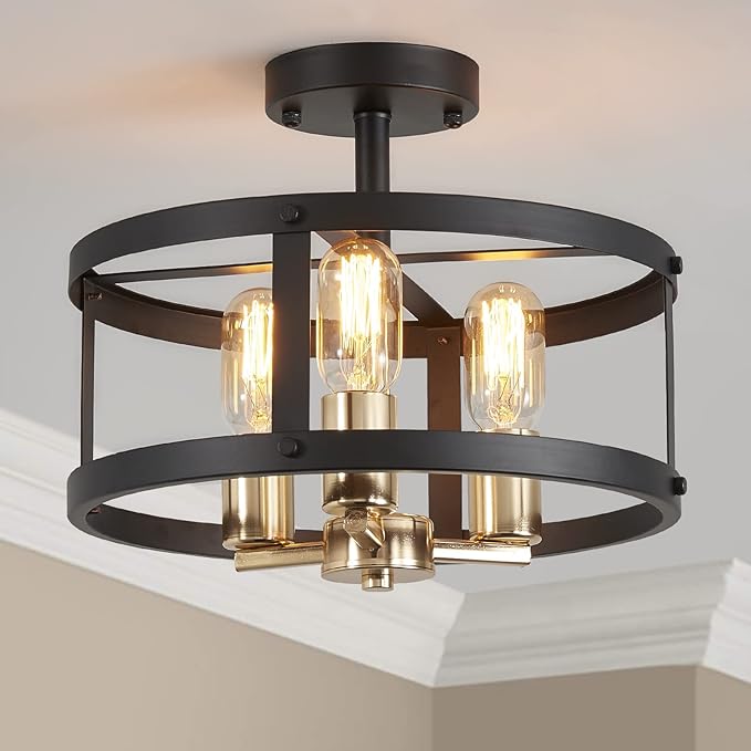 AGV LIGHTING Farmhouse Semi Flush Mount Ceiling Light Fixture， 3-Light Close to Ceiling Light, Shiny Gold & Matte Black Finish