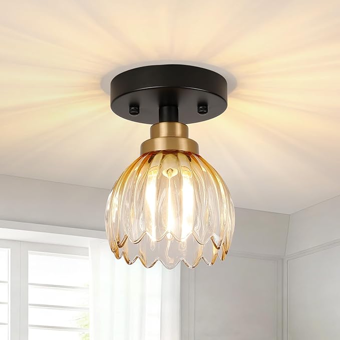 TALOYA Semi Flush Mount Ceiling Light, Close to Ceiling Light Fixtures with Amber Tulip Glass Shades Modern Farmhouse Lighting Fixtures for Hallway Corridor Kitchen Bathroom Bedroom Passway