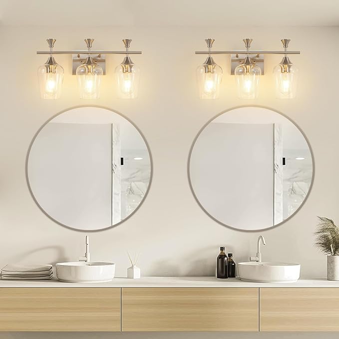 Bathroom Light Fixtures (3-Light, 19 Inch), Brushed Nickel Vanity Lights for Bathroom with Clear Wine Glass Glass Shade, Modern Vanity Wall Lights for Mirror Bedroom Living Room Kitchen Hallway Porch