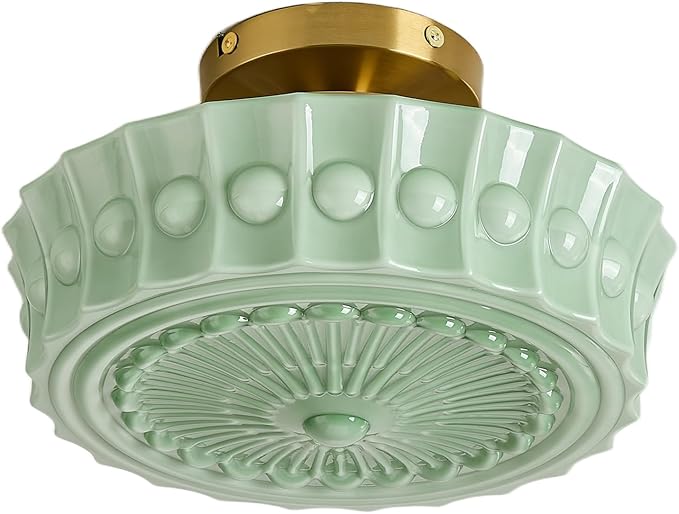FCTWAKS Schoolhouse Ceiling Light Fixture, 13.8" Green Milk Glass Semi Flush Mount Mid Century Vintage Ceiling Light for Bedroom Hallway Kitchen, E26 Base Bulb Included
