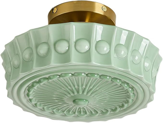 FCTWAKS Schoolhouse Ceiling Light Fixture, 13.8" Green Milk Glass Semi Flush Mount Mid Century Vintage Ceiling Light for Bedroom Hallway Kitchen, E26 Base Bulb Included