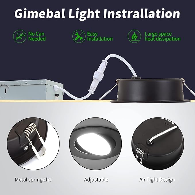 KnLnny Ware Black Gimbal recessed Lights 4 Inch 6 Pack, Gimbal canless recessed Lights with Junction Box,9W 750LM,Dimmable,5CCT Selectable,Air Tight