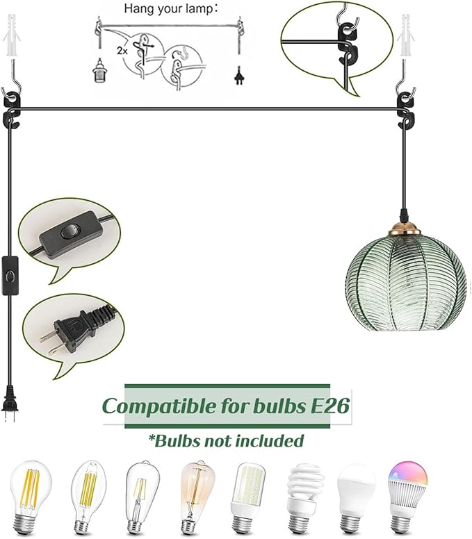 Green Glass Plug in Pendant Light 7.9" Glass Globe Shade Vintage Boho Mid Century Style Plug in Swag Ceiling Light for Bedroom Living Room Cabinets Bathroom