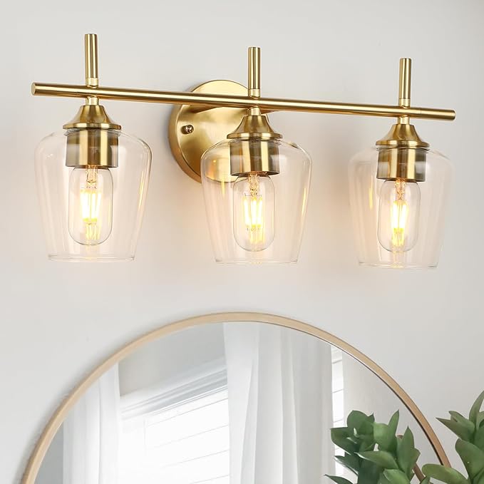 Bathroom Vanity Light Fixtures, 3-Lights Over Mirror Modern Vanity Lighting with Clear Wine Glass Shade Wall Lamp for Bedroom Hallway Living Room (Gold, 3-Light)