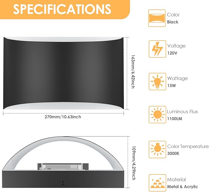 FOLKSMATE Modern LED Wall Sconces Set of 2, 3000K Warm White Up and Down Wall Mount Light, Extra Large Black Interior Wall Light Hardwired Lamp for Indoor Living Room Bedroom Hallway Basement Stairway