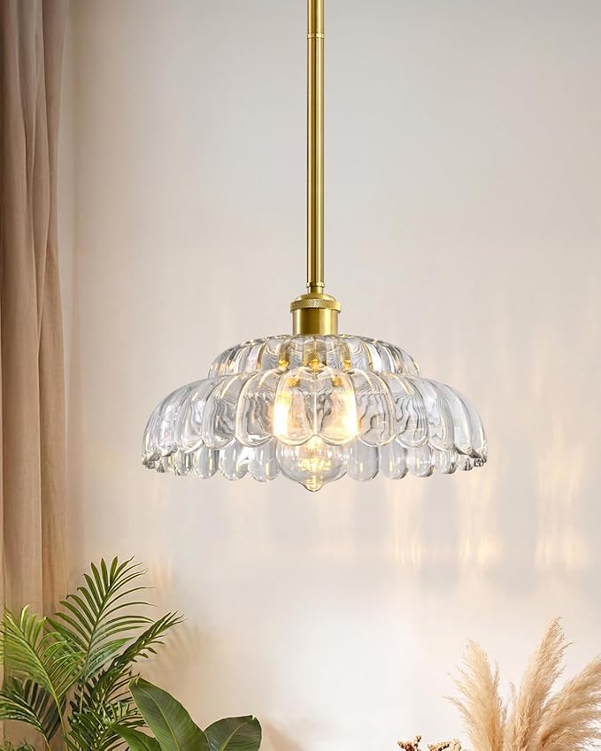 Elegant Transparent Glass Pendant Lamp with Gold Base, Modern Chic Lighting Fixture for Living Room, Bedroom, and Office
