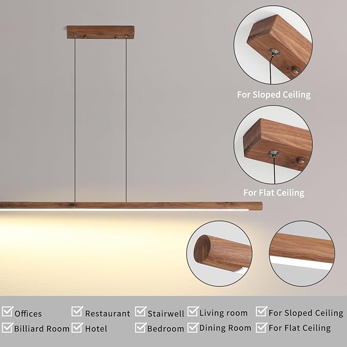 Modern Wooden Pendant Light, 47IN Walnut Wooden Chandelier with Remote Control 3000k-6500K Adjustable Color Temperature，Aluminum Island Lighting Lamp for Dining Room, Living Room, Kitchen
