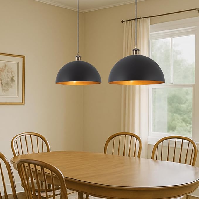 13.78" Modern Industrial Black Pendant Lights Farmhouse Dome Black Gold Pendant Lighting Vintage Golden Pendant Light for Kitchen, Dining Room, Bedroom, Hallway, Living Room, Set of 2