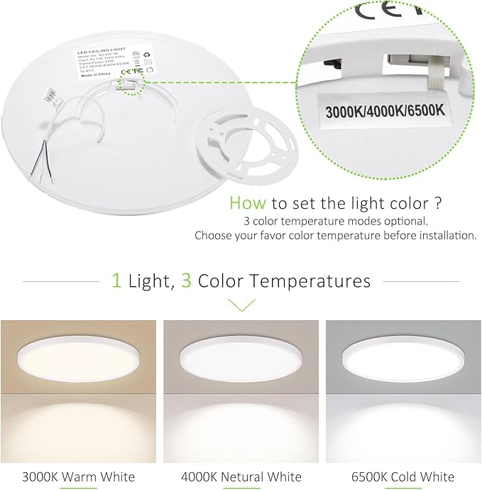 1Pack LED Flush Mount Ceiling Light, 7 Inch 1500LM 15W Thin Round Ceiling Light Fixture, 3000k/4000k/6500k 3 Color Adjustable Ceiling Lamp for Bathroom,Closet,Hallway(White)