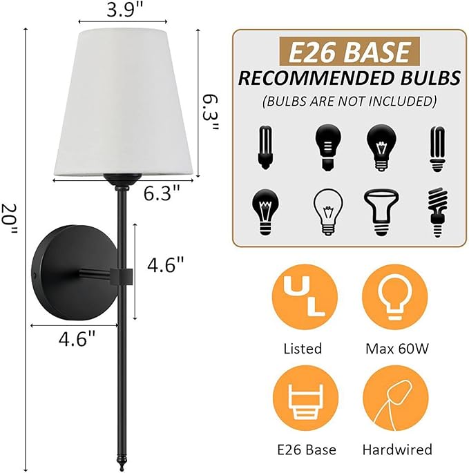 KUAUGST Wall Sconces Sets of 2, Retro Industrial Wall Lamps, Bathroom Vanity Sconces Wall Lighting with White Fabric Shade, Suitable for Bedroom Living Room Corridor Kitchen