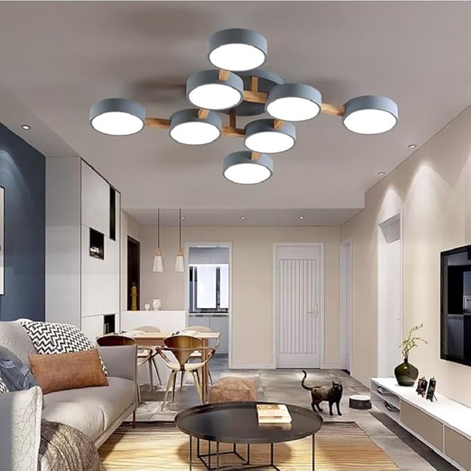 8-Lights LED Ceiling Light Fixture,44 Inch Modern Ceiling Lights Flush Mount Wooden 96W Chandelier for Living Room Bedroom Kitchen,Dimmable 3000K/4000K/6000K Temperatures Selectable, Grey