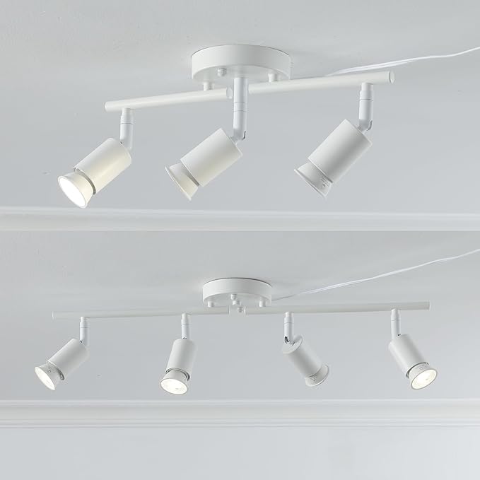4 Light White Plug in Track Light White Plug in Ceiling Lighting Fixture with 16.4' Long Cord,4 Way Ceiling Spotlight,Rotatable Wall Mount Light Head