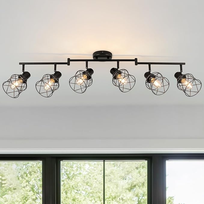 WILON Track Lighting Kit 6 Way Ceiling Spotlight-Industrial Flush Mount Ceiling Light Black Kitchen Ceiling Light Fixtures Kitchen Track Lighting Flexibly Rotatable Light Head E26 Base