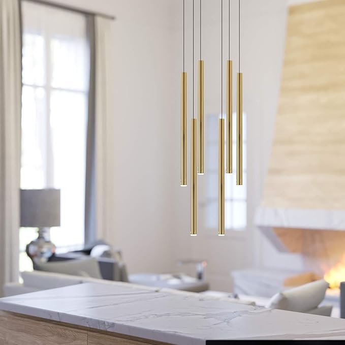 CANALIS 6 Mini Pendant Lighting Brass - LED Hanging Light Fixture for Kitchen Island, Bar, Foyer - Cluster Pendants - Dimmable, Adjustable Wire, Lamp Bulb Included