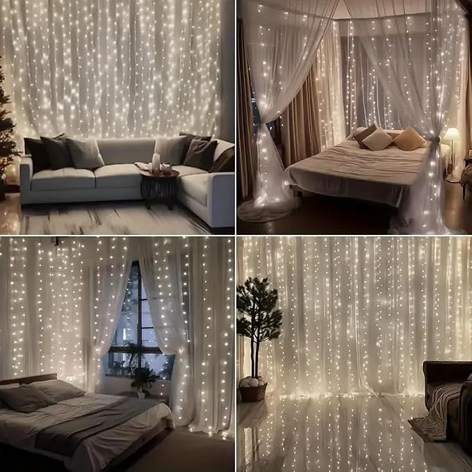 300 LED Warm White Fairy Curtain Lights – 3m USB Plug-in String Lights with Remote Control, 8 Modes for Indoor/Outdoor Use – Perfect for Bedroom, Weddings, Parties, and Holiday Decor (2, White)