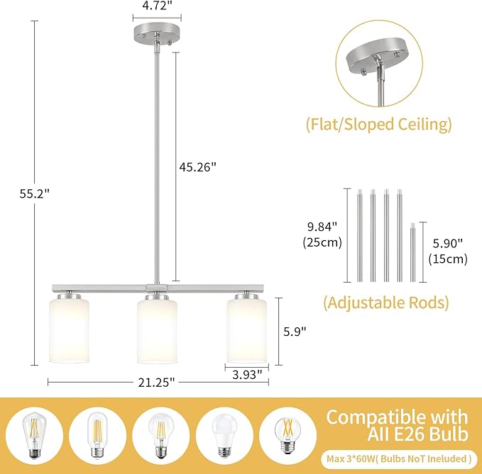 Brushed Nickel Island Lights for Kitchen, 3-Light Dining Room Light Fixtures Modern Linear Chandeliers Over Table White Frosted Glass Adjustable Hanging Lights Kitchen Pendant Lighting Over Island