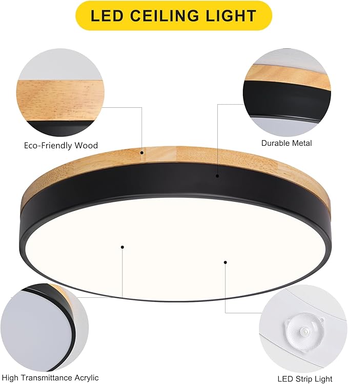 Modern Wood Black Flush Mount Ceiling Light, 15.74" Round LED Low Profile Close to Ceiling Fixture for Kitchen Bedroom Bathroom Laundry Hallway Entryway Closet Living Room