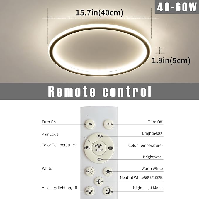 15.7 Inch Flush Mount Ceiling Light, 40-60W Round LED Ceiling Light Fixtures, Thin Modern Ceiling Lamp, Close to Ceiling Lights for Bedroom, Kitchen, Living Room, 3 Color Temperature Selectable