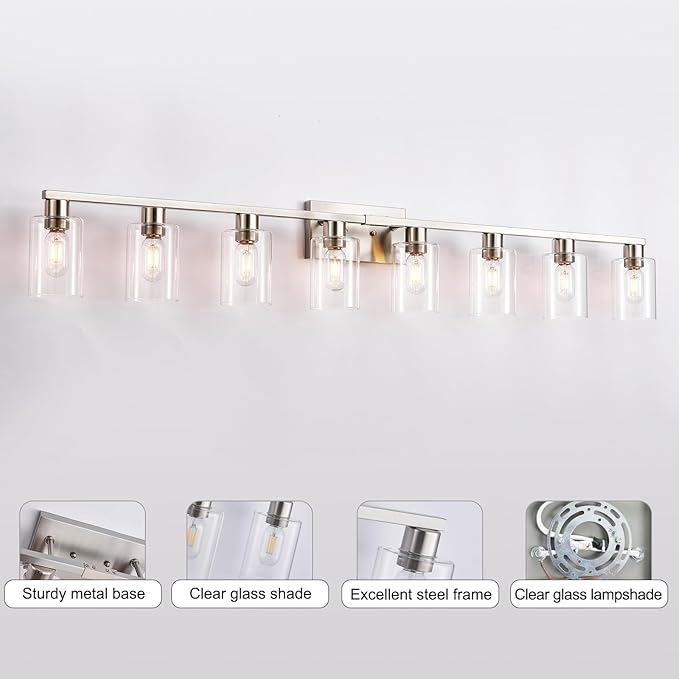 8 Light Bathroom Vanity Light,Modern Large Brushed Nickel Bathroom Light Fixtures Clear Glass Shade Rust and Moisture Prevention and Easy to Install Vanity Lights for Bathroom Lights Over Mirror