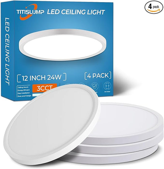 LED Flush Mount Ceiling Light Fixture 4 Pack, 24W 2400LM, 12-Inch Dimmable Low Profile Round Ceiling Light with 3 CCT (3000K/4000K/5000K), 5%-100% Dimming for Bedroom, Living Room & Hallway, White