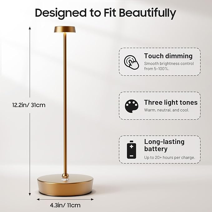 2Pack Cordless LED Table Lamp，Rechargeable Battery Operated Table Light, 3 Color Stepless Dimmable Table Lamp, Portable Table Light for Outdoor/Restaurants/Patio