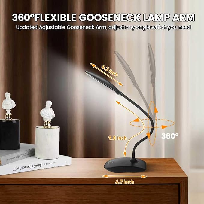 Battery Powered Desk Lamp, Portable Lamps Rechargeable 3 Color Modes Touch Control Stepless Dimming, Wireless Desk Lamp with 2000mAh, Small LED Table Light for Dorm Study Office Bedroom,Black