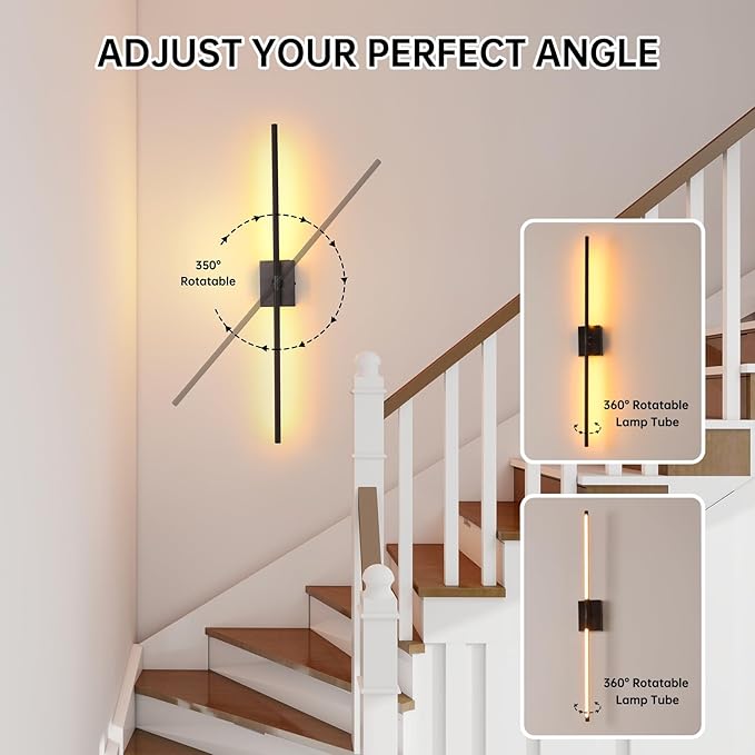 Shenmoyl Battery Operated Wall Sconce Set of 2, 5000mAh Rechargeable Wall Sconces with Detachable Battery, Indoor 350°Rotate Wall Lights for Bedroom Living Room, Black, 31.5 Inch