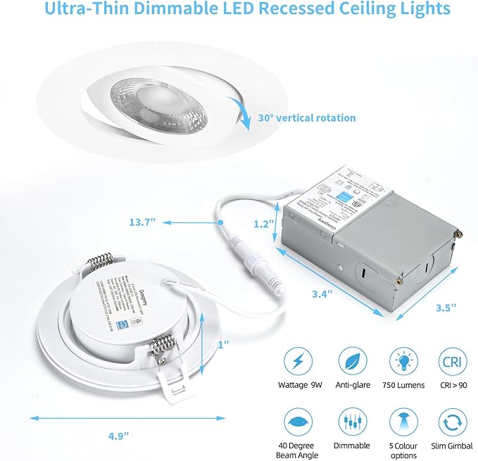 4 Inch Led Recessed lights Ultra-Thin Adjustable Eyeball Gimbal LED Recessed Lighting with Junction Box 9 Watts 750Lm Dimmable ceiling light ETL Listed (2700K/3000K/3500K/4000K/5000K Option 6Pack)