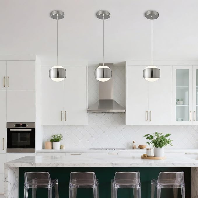 Modern Chrome LED Dimmable Pendant Light fixtures,6″ Island Pendant Lighting for Kitchen Island Dinning Room,Bedroom,Bar, Kitchen Island Ceiling Hanging Light Fixtures(Chrome-1-Pack)