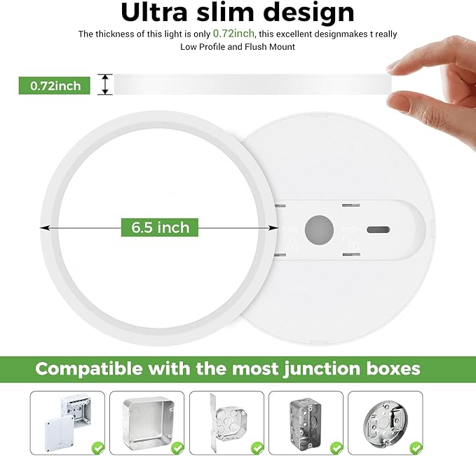 zemty LED Ceiling Light 6.5 Inch, 12W 1200lm Ceiling Mount Light Fixtures, Bright & Adjustable 3000K 4000K 6500K, Round Flat Lamp for Bathroom Closet Pantry Hallway, 2 Pack