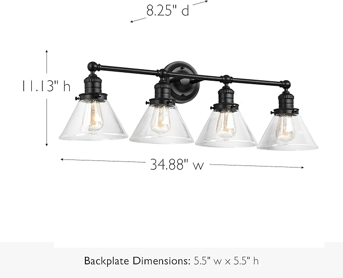 Design House Augustin Vanity Light, 4-Light, Seeded Glass Warm Glow, Dimmable, Up/Down Glow, Easy Installation, E26 Socket, Black, 34.9 in L x 8.3 in D x 11.1 in H, 589044-BLK